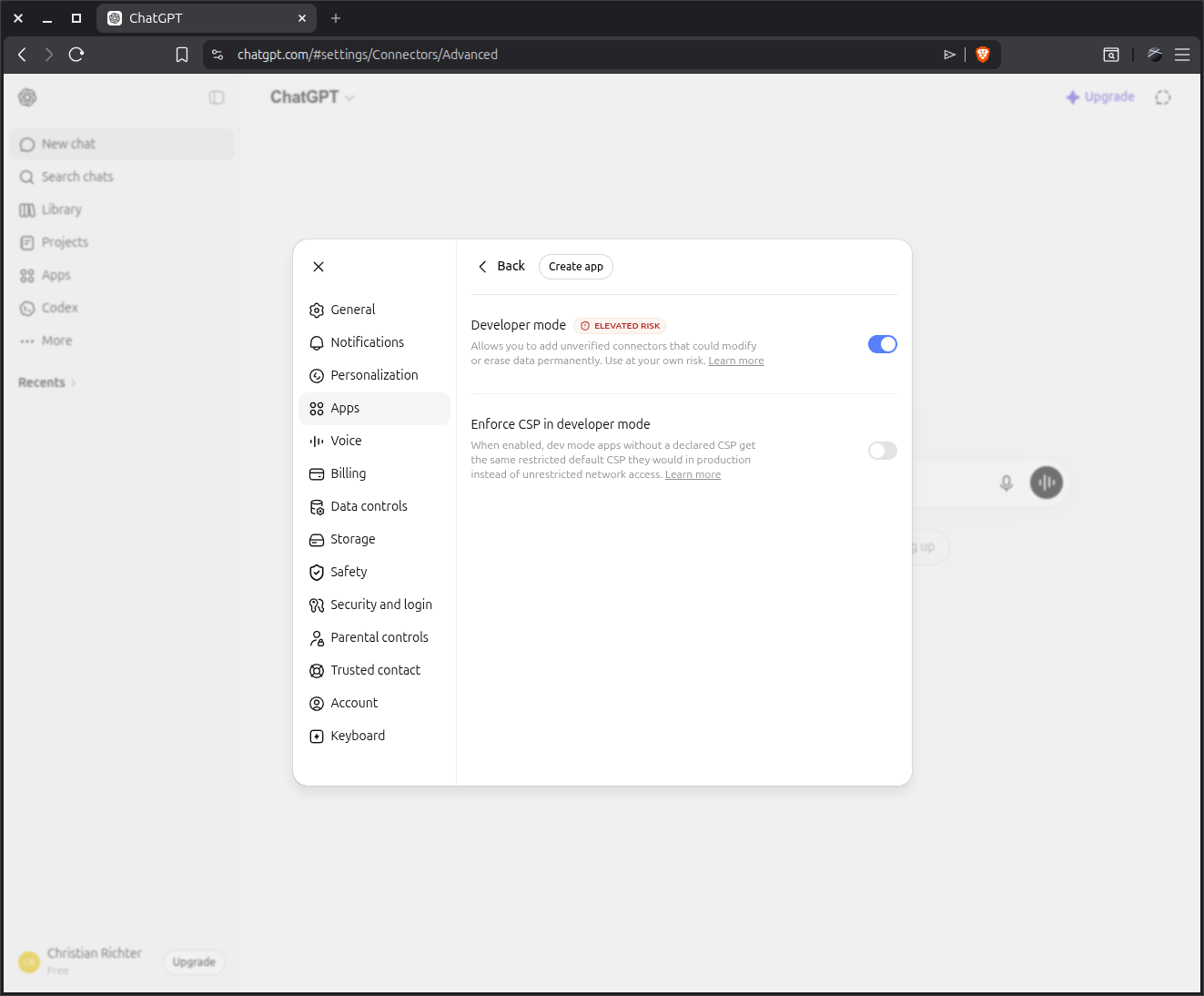 ChatGPT Advanced settings with Developer mode toggle enabled