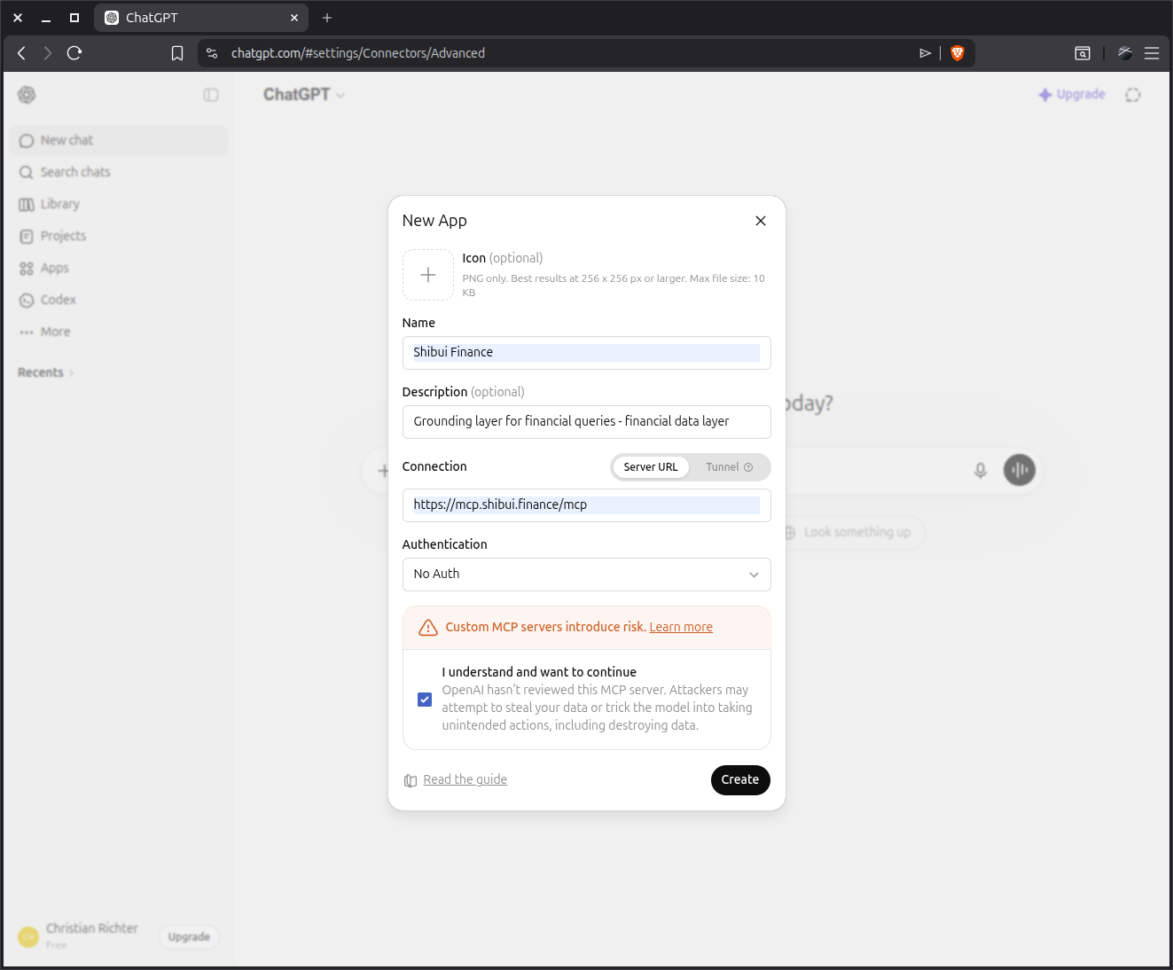 ChatGPT New App dialog with Shibui Finance name and MCP server URL filled in