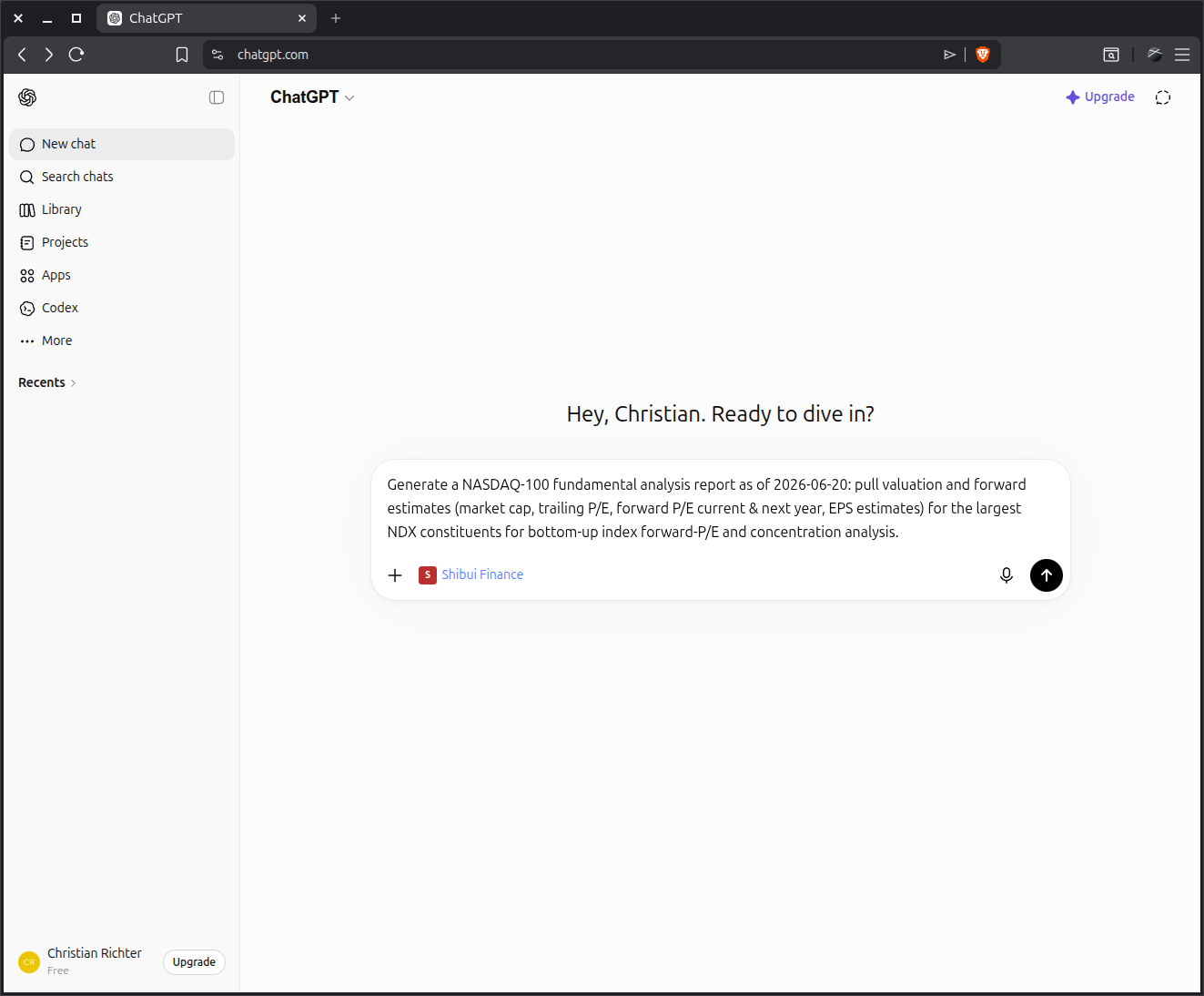 ChatGPT main interface showing Shibui Finance available in the apps menu