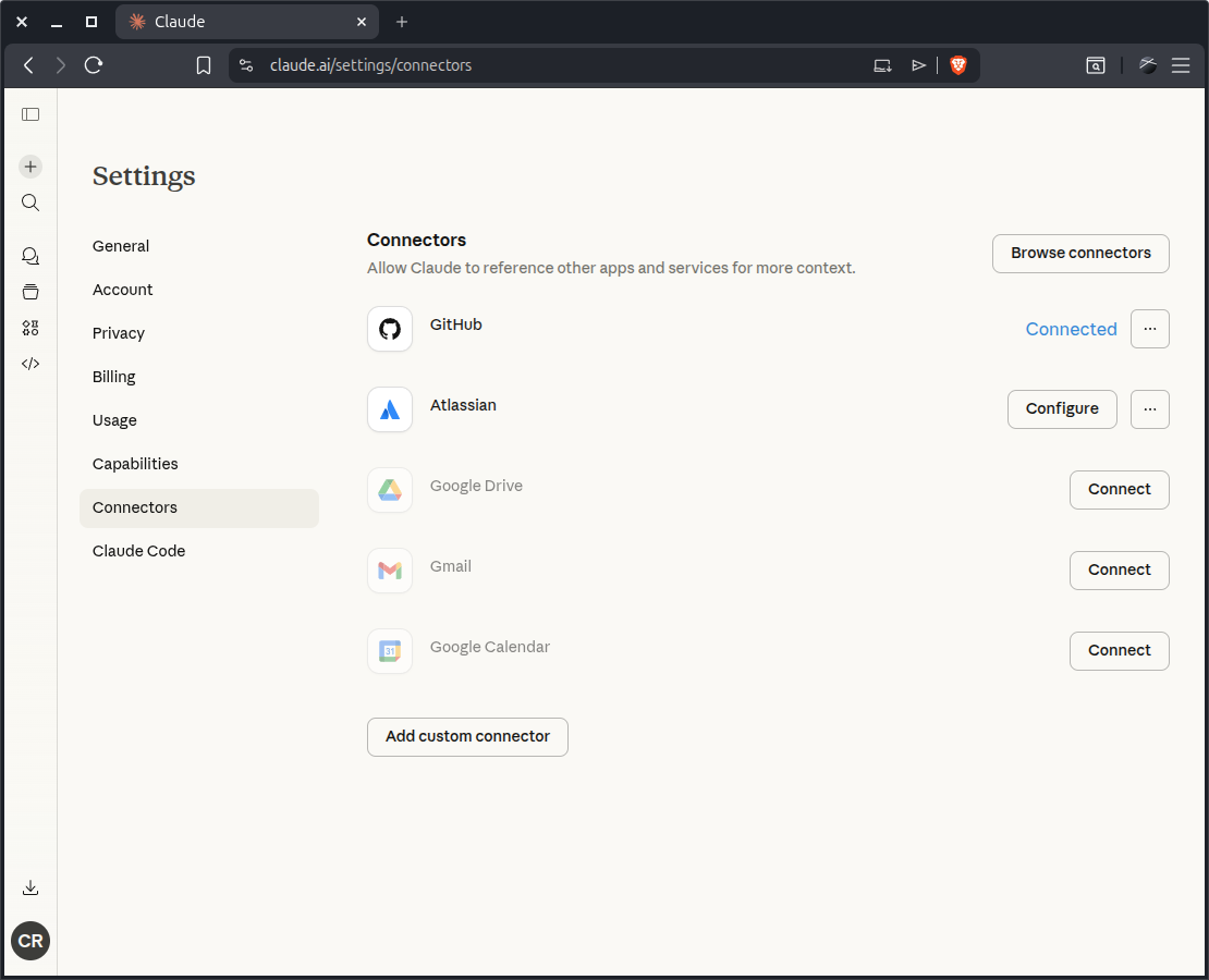 Claude Settings Connectors tab