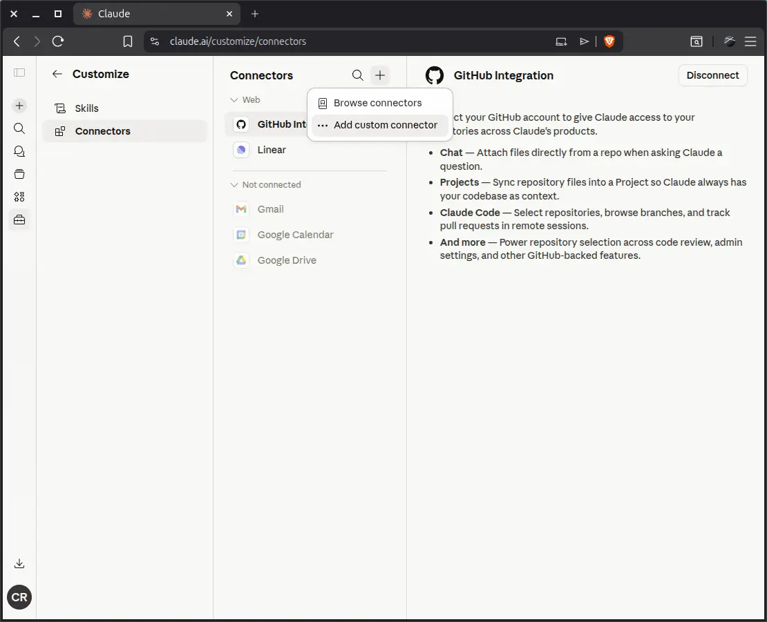 Claude Connectors page with Add custom connector dropdown