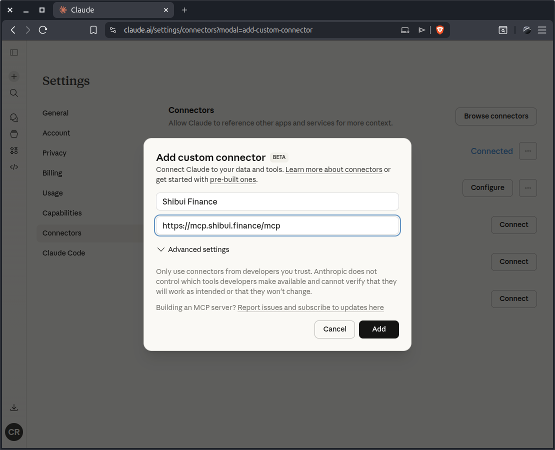 Add custom connector dialog