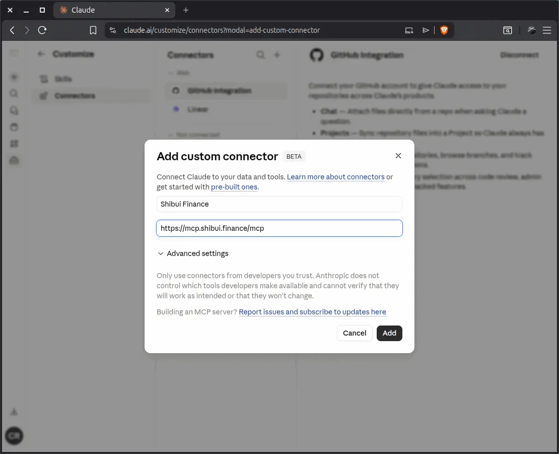 Add custom connector dialog with name and URL