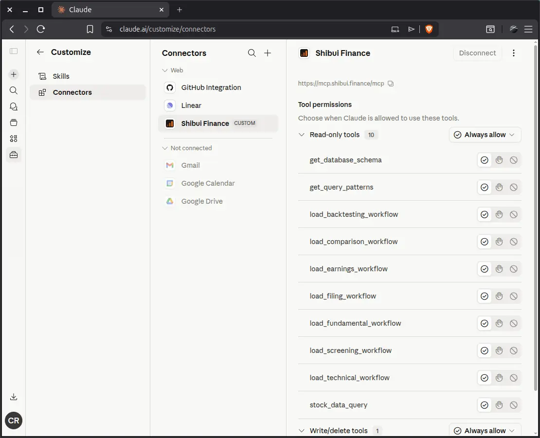 Shibui Finance connector added successfully with tools listed