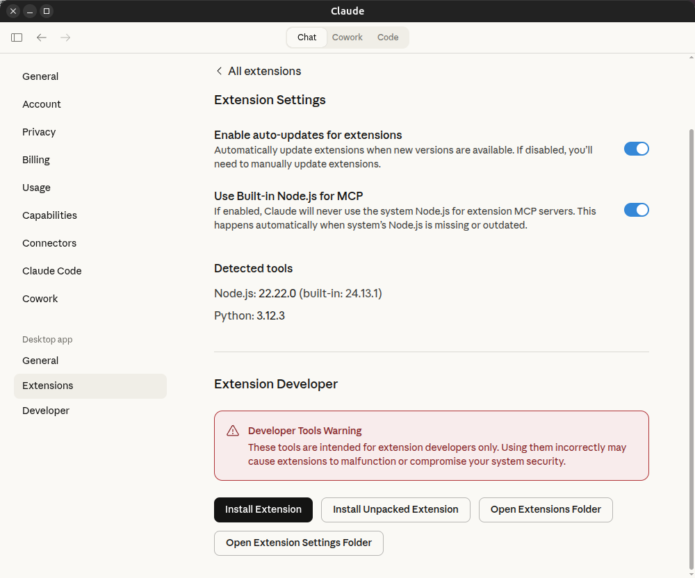 Advanced settings with Install Extension button