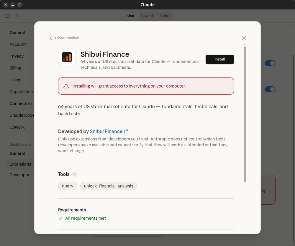 Shibui Finance install confirmation dialog
