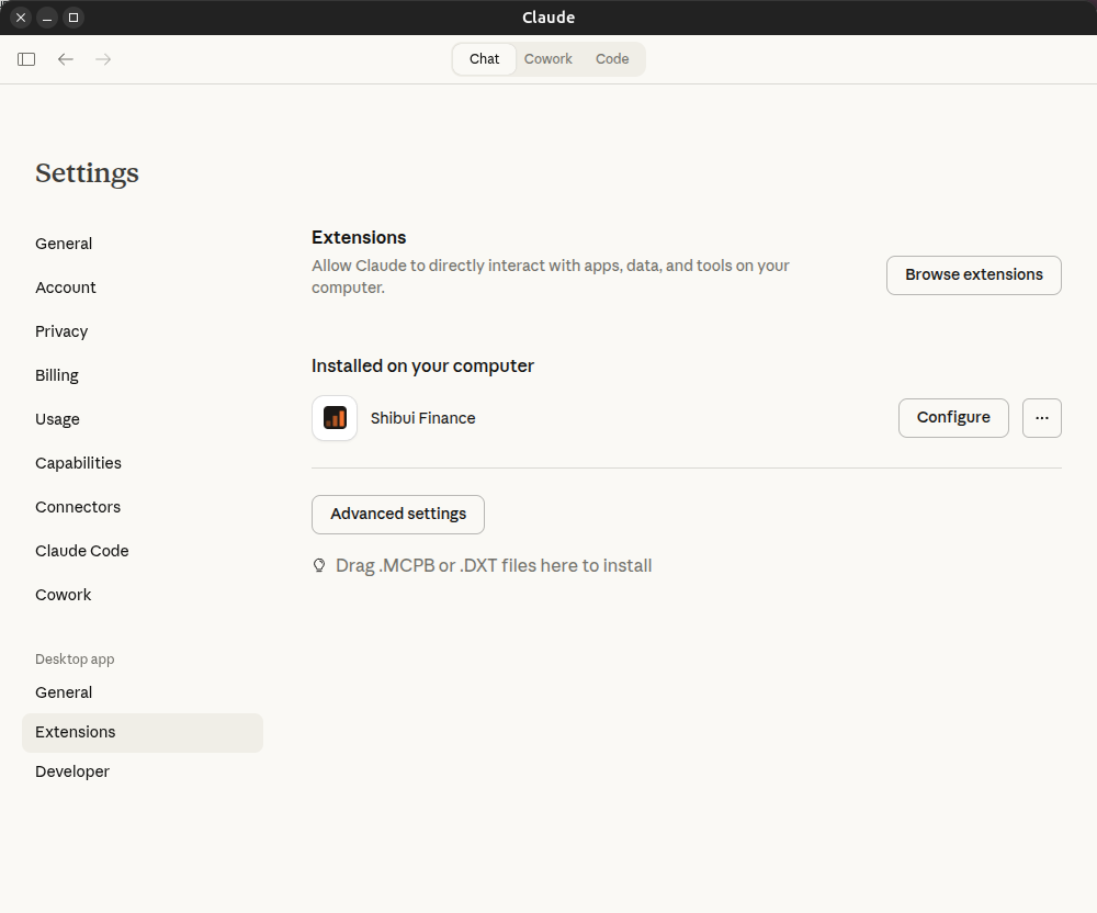 Extensions list showing Shibui Finance installed